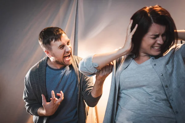 Drunk Aggressive Man Screaming Wife Covering Ears Hands — Stock Photo, Image