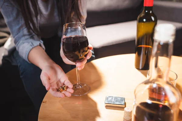 Cropped View Alcoholic Woman Holding Wedding Rings Glass Wine Bottles — Stock Photo, Image