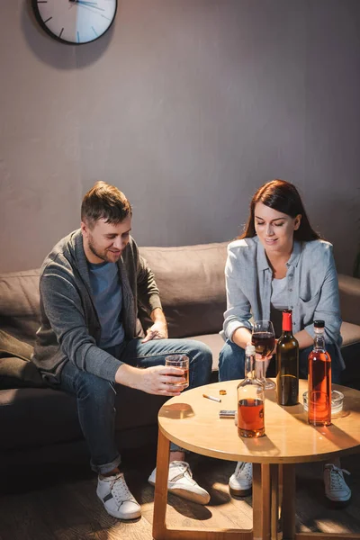 Alcohol Addicted Husband Wife Drinking Alcohol Home Together — Stock Photo, Image