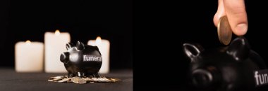 cropped view of man putting coin in piggy bank on black background, funeral concept, collage  clipart