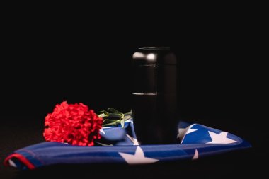 Kırmızı karanfil, küller ve siyah arka planda Amerikan bayrağı, cenaze konsepti