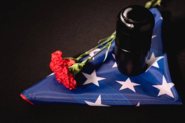 Kırmızı karanfil, küller ve siyah arka planda Amerikan bayrağı, cenaze konsepti