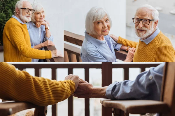 Colaj Cuplu Zâmbitor Senior Uitându Cameră Ținându Mâini Îmbrățișându Terasă — Fotografie, imagine de stoc