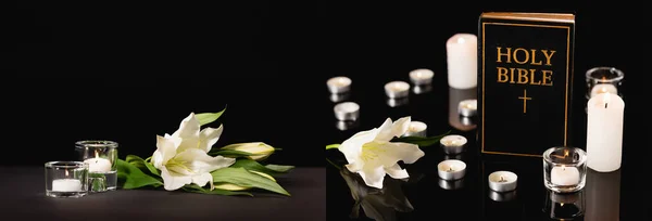 Lily Candles Holy Bible Black Background Funeral Concept Banner — Stock Photo, Image