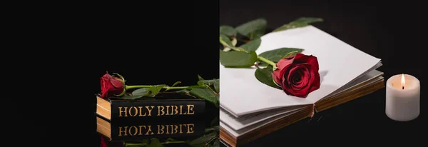 Kollázs Vörös Rózsa Szent Biblia Fekete Háttér Temetési Koncepció Banner — Stock Fotó