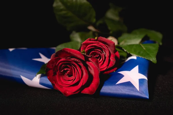 Rosas Rojas Bandera Americana Sobre Fondo Negro Concepto Funerario — Foto de Stock