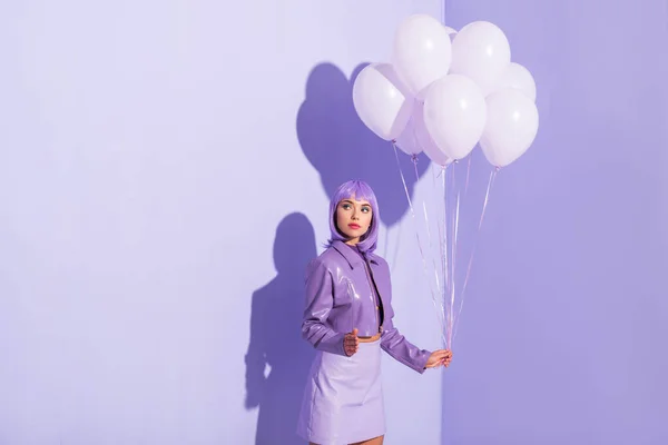 Young Woman Dressed Doll Style Balloons Violet Colorful Background — Stock Photo, Image
