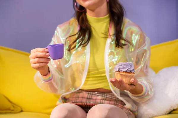 Cropped View Young Woman Posing Doll Cupcake Toy Cup Yellow — Stock Photo, Image