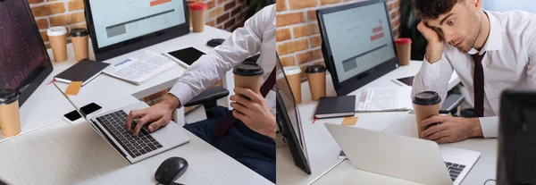 Collage Tired Businessman Takeaway Coffee Using Laptop Computers Smartphone Office — Stock Photo, Image