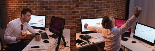 Collage Businessman Eating Pizza Takeaway Coffee Stretching Computers Blurred Background — Stock Photo, Image