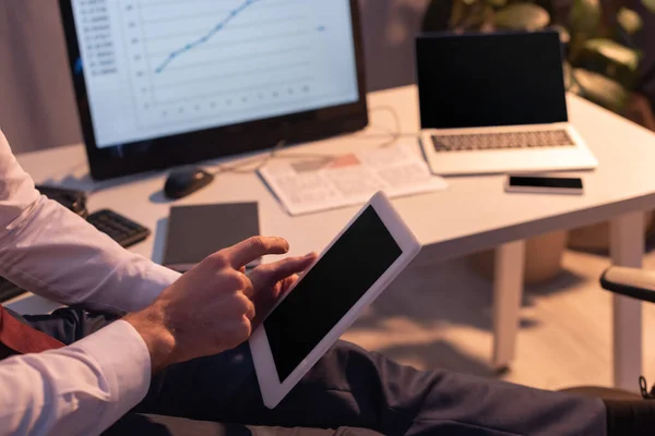 Cropped View Businessman Pointing Digital Tablet Computers Blurred Background Evening — Stock Photo, Image