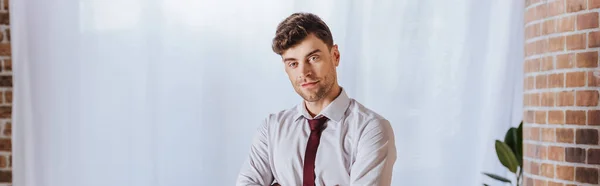 Young Businessman Looking Camera Office Banner — Stock Photo, Image