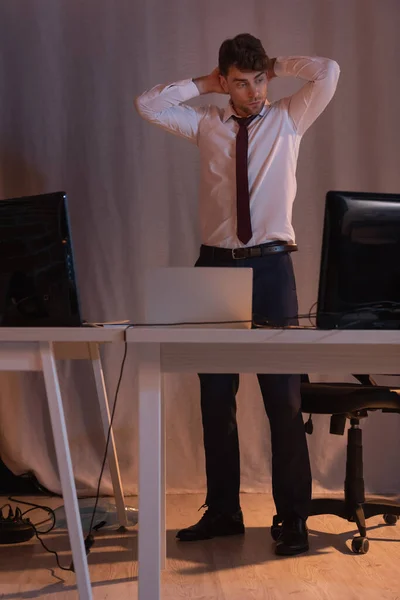 Pensive Businessman Looking Computer Office Evening — Stock Photo, Image