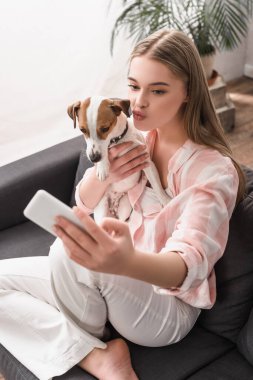 Genç bir kadın oturma odasında Jack Russell Terrier ile selfie çekerken dudaklarını büzüyor. 