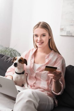 Gülümseyen kadın evde online alışveriş yaparken Jack Russell Terrier ve dizüstü bilgisayarının yanında kredi kartı tutuyor.