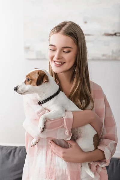 Alegre Jovem Mulher Segurando Braços Jack Russell Terrier — Fotografia de Stock