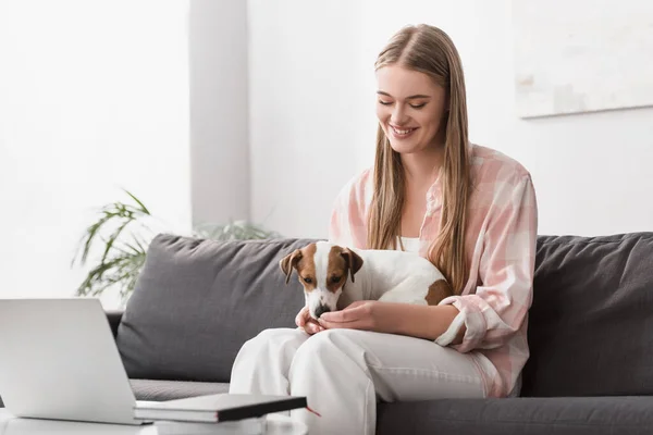 Cheerful Woman Feeding Dog Pet Food Living Room — Stock Photo, Image