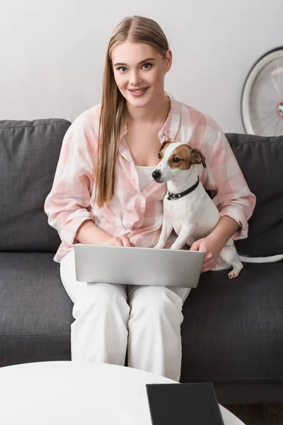 Happy Woman Sitting Couch Jack Russell Terrier Using Laptop — Stock Photo, Image