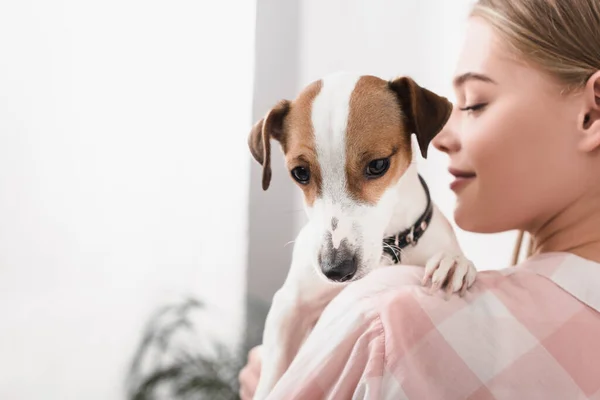 Blurred Cheerful Woman Holding Arms Jack Russell Terrier — Stock Photo, Image