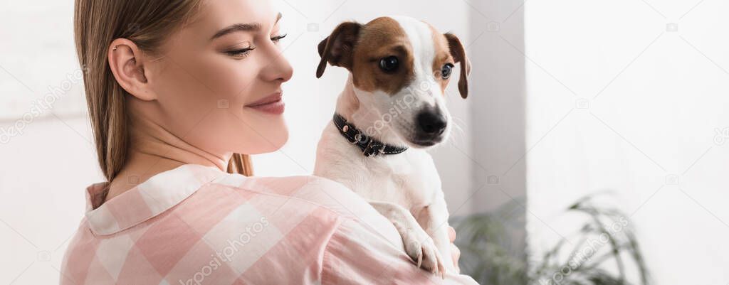 young cheerful woman holding in arms jack russell terrier in living room, banner