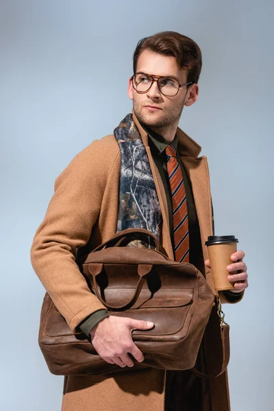 Stylish Man Winter Coat Holding Paper Cup Leather Briefcase Grey — Stock Photo, Image