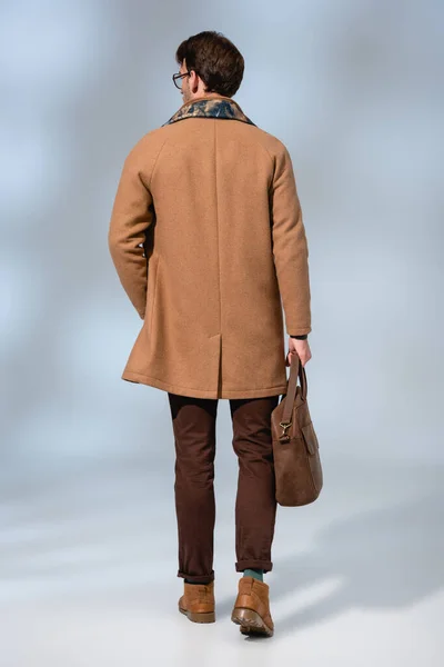 Back View Stylish Man Winter Coat Holding Leather Briefcase Grey — Stock Photo, Image