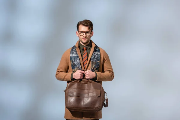 Stylish Man Winter Coat Holding Brown Briefcase Grey — Stock Photo, Image