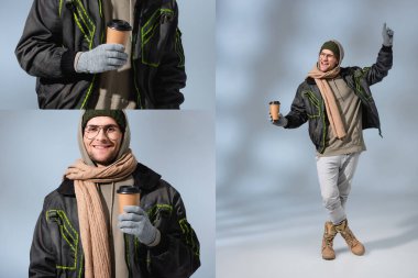 Şapkalı mutlu adam kolajı, kapüşonlu ve anorak gri bardakta kağıt bardak taşıyor.