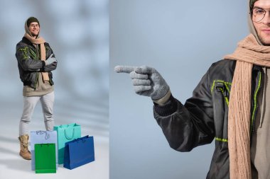 Parka giymiş bir adam kolajı parmağıyla işaret ediyor ve gri alışveriş torbalarının yanında çapraz kollarla duruyor.