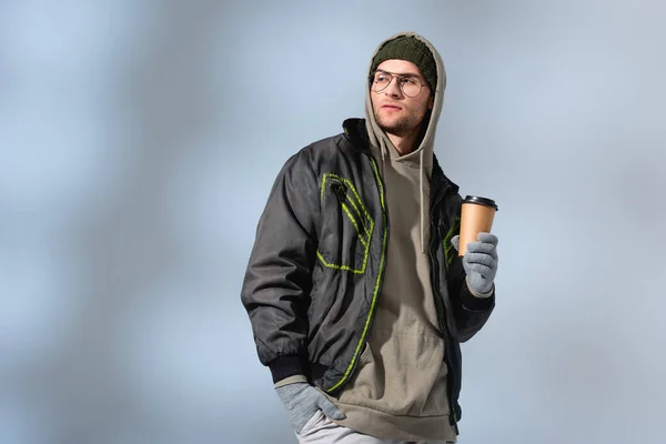 Fashionable Man Glasses Hat Anorak Gloves Holding Paper Cup While — Stock Photo, Image