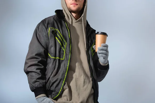 Cropped View Fashionable Man Anorak Holding Paper Cup Isolated Grey — Stock Photo, Image