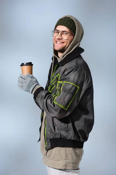 Cheerful Man Glasses Hat Hoodie Anorak Holding Paper Cup While — Stock Photo, Image