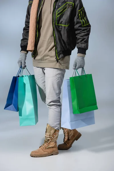 Partial View Stylish Man Winter Outfit Holding Shopping Bags Grey — Stock Photo, Image