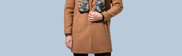 Vista Cortada Homem Moda Casaco Inverno Isolado Cinza Banner — Fotografia de Stock