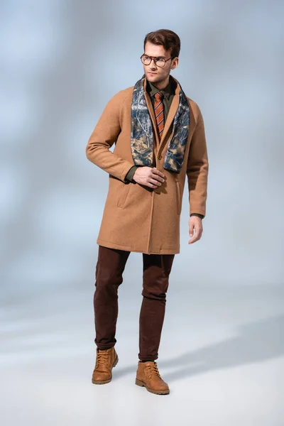 Comprimento Total Homem Moda Casaco Inverno Óculos Cinza — Fotografia de Stock