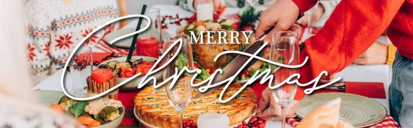 Website header of man with cutting pie on festive table, merry christmas illustration