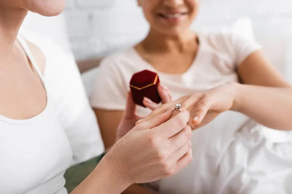 Cropped View Lesbian Woman Putting Ring Finger African American Girlfriend — Stock Photo, Image