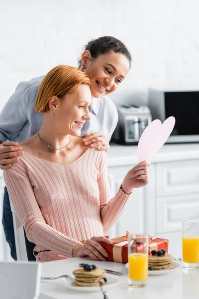 Smiling African American Woman Hugging Shoulders Happy Lesbian Girlfriend Holding — Stock Photo, Image