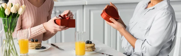 Partial View Lesbian Couple Holding Valentines Day Gifts Breakfast Tulips — Stock Photo, Image