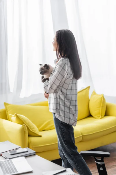 Jovem Freelancer Segurando Gato Enquanto Está Perto Sofá Amarelo Casa — Fotografia de Stock