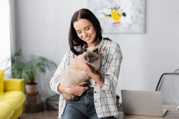 Sonriente Freelancer Abrazando Gato Mientras Pie Cerca Laptop Casa — Foto de Stock