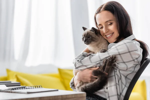 Feliz Freelance Abrazando Gato Mientras Sentado Mesa Borrosa Primer Plano — Foto de Stock