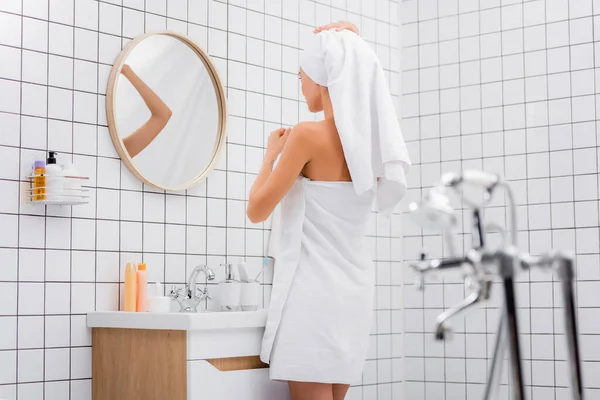 Young Woman Wrapped White Terry Towels Standing Bathroom Mirror Blurred — Stock Photo, Image