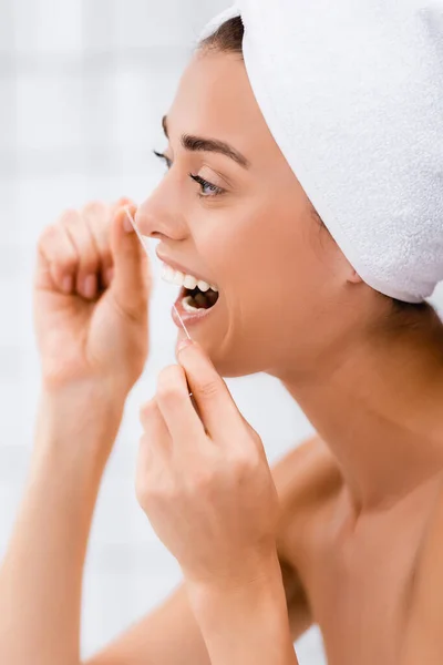 Young Woman White Towel Head Cleaning Teeth Dental Floss Bathroom — Stock Photo, Image