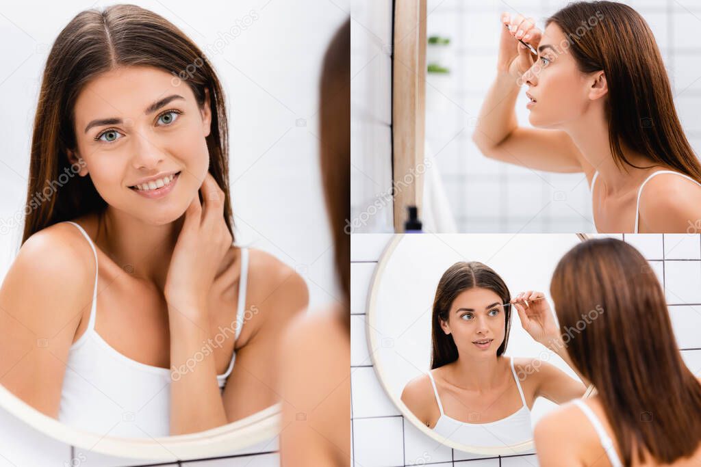 collage of smiling woman in singlet looking at camera and tweezing eyebrows near mirror in bathroom