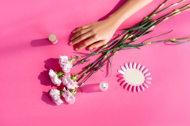 top view of carnation flowers near female hand, palette of artificial nails, nail polish and cuticle remover on pink background clipart