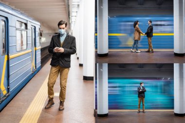 El ele tutuşan etkileşimli çiftin kolajı, metroda akıllı telefon kullanan tıbbi maskeli adam.