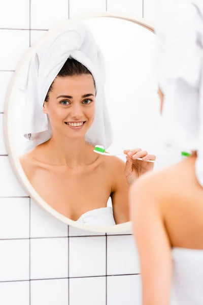 Happy Woman White Towel Head Holding Toothbrush Bathroom Blurred Foreground — Stock Photo, Image