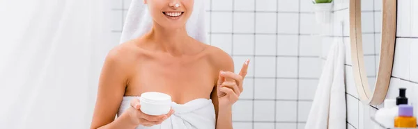 Cropped View Young Woman Face Cream Nose Smiling Bathroom Banner — Stock Photo, Image