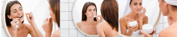 Collage Young Woman Brushing Flossing Teeth Applying Face Cream Bathroom — Stock Photo, Image